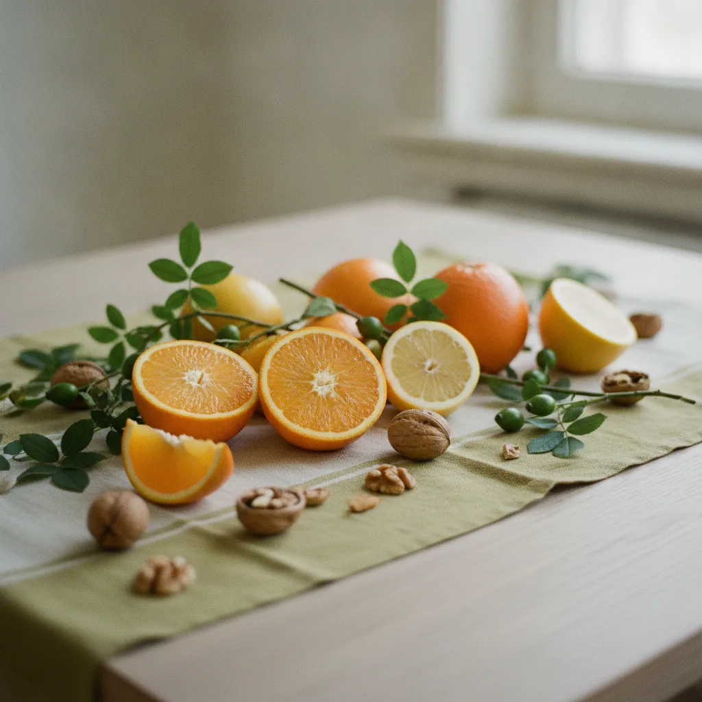 Färska citrusfrukter, valnötter och gröna blad på ett ljust nordiskt köksbord