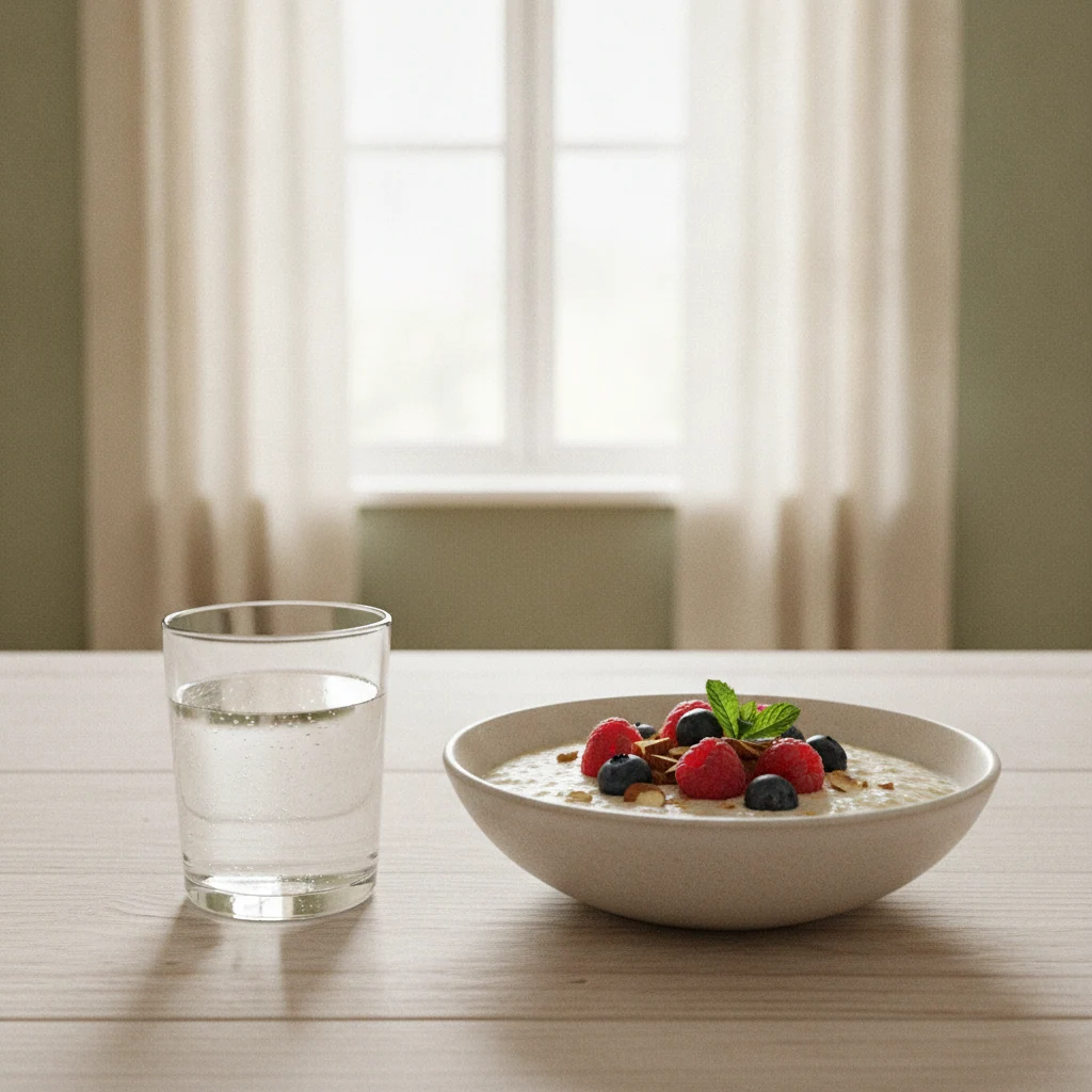 Ett glas vatten och en skål med havregröt på ett ljust träbord vid fönster, morgonljus